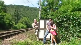 Can she handle two cocks in an outdoors railway station sex