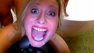 Blonde and brunette receive loads of cum over their faces