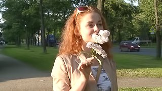 Russian redhead slut, Emma, gives a blowjob and gets amazingly fucked