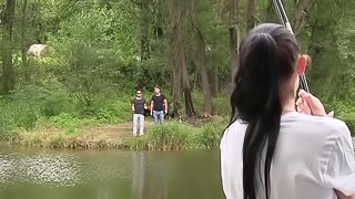 Two fellas dicking petite babe with a ponytail Nicole Love by the lake