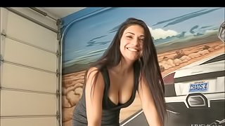 Rikki rubs her favourite Lamborghini with her tits in the garage
