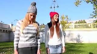 Sexy Euro girls in skirts and sweaters fuck in a passionate foursome