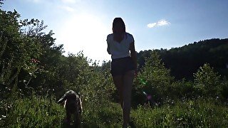 outdoor sex tape, walking around the lake ends with creampied pussy