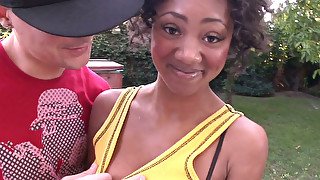 Teen ebony Evanni Solei shows off her bra and thongs