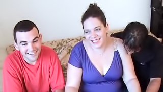 Fat woman spreads her legs for two men who crave her chubby body