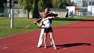 Sporty blonde teen gives head and fucks her sexy trainer