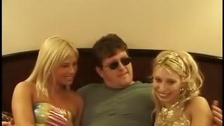 Hardcore doggystyle FFM threesome with shaved pussy of blonde skank
