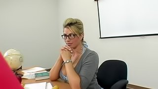 Sex in the classroom with busty blonde whore