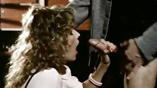 Curly vintage girl gets on her knees and does deepthroat blowjob