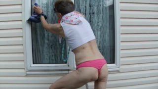 Washing Windows With Sexy Pink Thong And White Sports Bra...Look At Me!