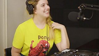 Curvy blonde with big boobs licks unshaved cunt and asshole in the podcast studio