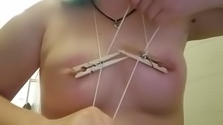 Nipple Clamps and String Lead Small Tits, Pull Them to Pain