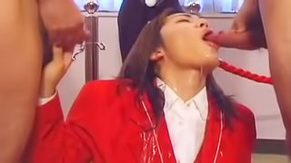 Japanese hussy blows, then gets facialed and drinks cum and piss