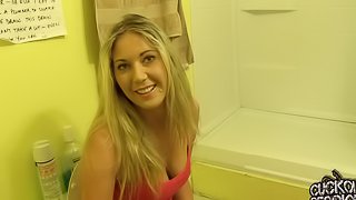 Beautiful blonde Alysha Rylee toys her pussy in a bathroom