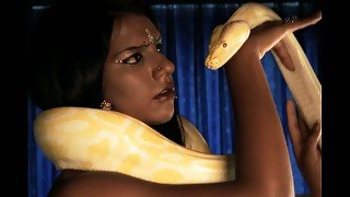 Dark skin brunette Indian babe plays and tames a python