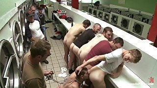 Hayden Richards enjoys group gay fuck with his friends at the laundry