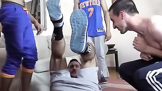 Skinny dude gets treated so rough by three cruel gay dudes