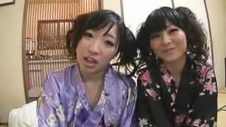 Two hot Japanese babes in kimonos get fucked hard