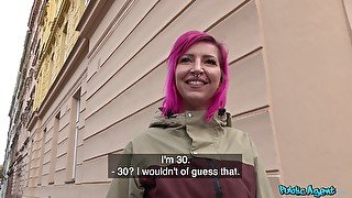 Pink haired slut Alex Bee takes money to have sex with a stranger