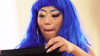 Asian cutie in a pretty blue wig enjoys a POV fuck