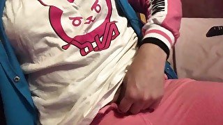 Femboy D.Va masturbates while watching Porn