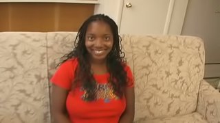 Ebony wearing jeans gives hot blowjob and gets cum on tits in POV