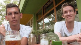 Beer-chugging Czech twinks in a public 3some