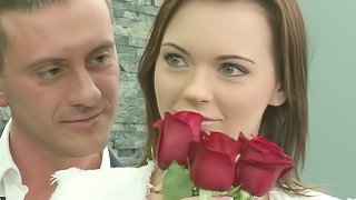 Impeccable brunette receives both the roses and the stiff dick