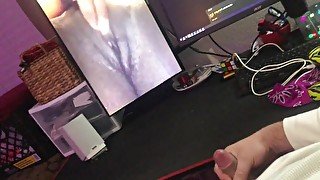 white guy jerks off watching porn of ebony girl playing with her PERFECT pussy