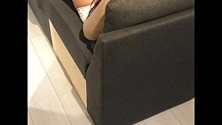 Surprising stepmom with huge pee and fucking her wet pussy on the couch