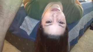 shy wife gets throat fucked upside down & plays with cum after huge facial