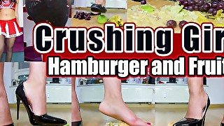 Here Kati is crushing with high heels, ballerinas and barefoot Feet a hamburger and fruit