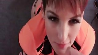 Short-haired MILF sucks dick until she gets a facial