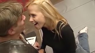 Naughty blonde babe with a foot fetish being banged in the locker room