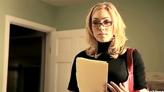 Stunning mini-skirt clad babe with long blonde hair and glasses getting fucked doggy style