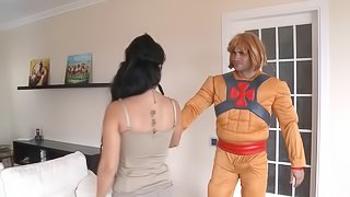Costume dude and a big breasted girl fucking hard