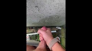 British teen boy jerks off and cums outside on the wall (OUTDOOR CUM)