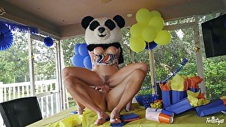 Guy in giant panda bear costume ass fucks premium birthday MILF