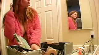 Hotel bathroom voyeurism video of topless plumpish babe