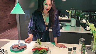 Hot MILF in the kitchen sucks cock and gets cum in the hole POV