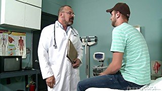 Mature gay doctor with glasses licks and fucks his patient's ass