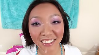 Slutty Asian Katreena Lee milks a cock dry on her face