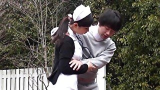 Japanese nurse sucking her patient's dick outdoors in the park