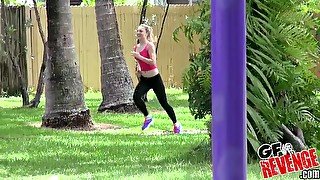 Sporty blonde babe Zoey Taylor sucks cock and gets cum outdoors