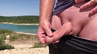 Almost caught by a cyclist with my Cock out after Cumming as my wife records me Jerking off Outdoors