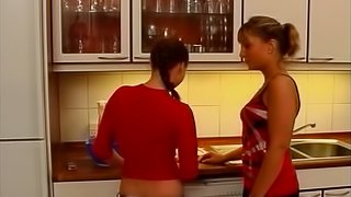 Babes give up baking to have hot sex on the kitchen floor