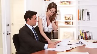 Reality porn star Brooklyn plays hardcore office slut and is blasted with doses of come on her big tits