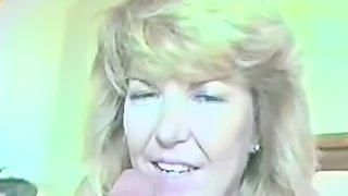 A cock craving cougar gives a cute blowjob and swallows cum in a close up scene