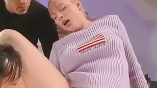 Horny blonde slut gets double penetrated in an office
