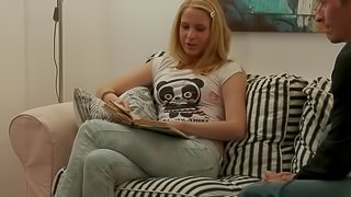 Excited teen takes down her jeans and gives him access to her pussy